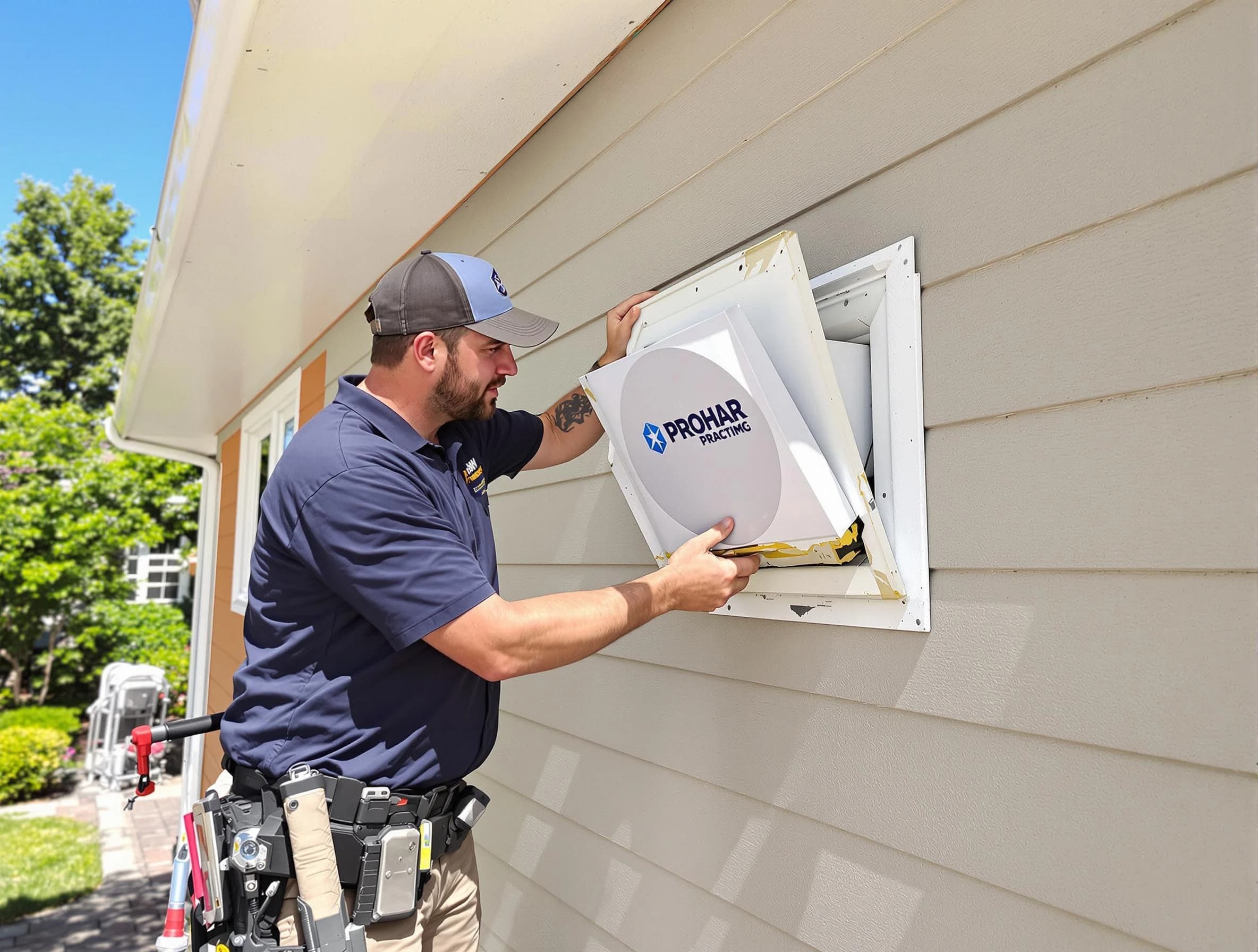 Midvale Dryer Vent Cleaning technician installing a new protective dryer vent cover on a home in Midvale