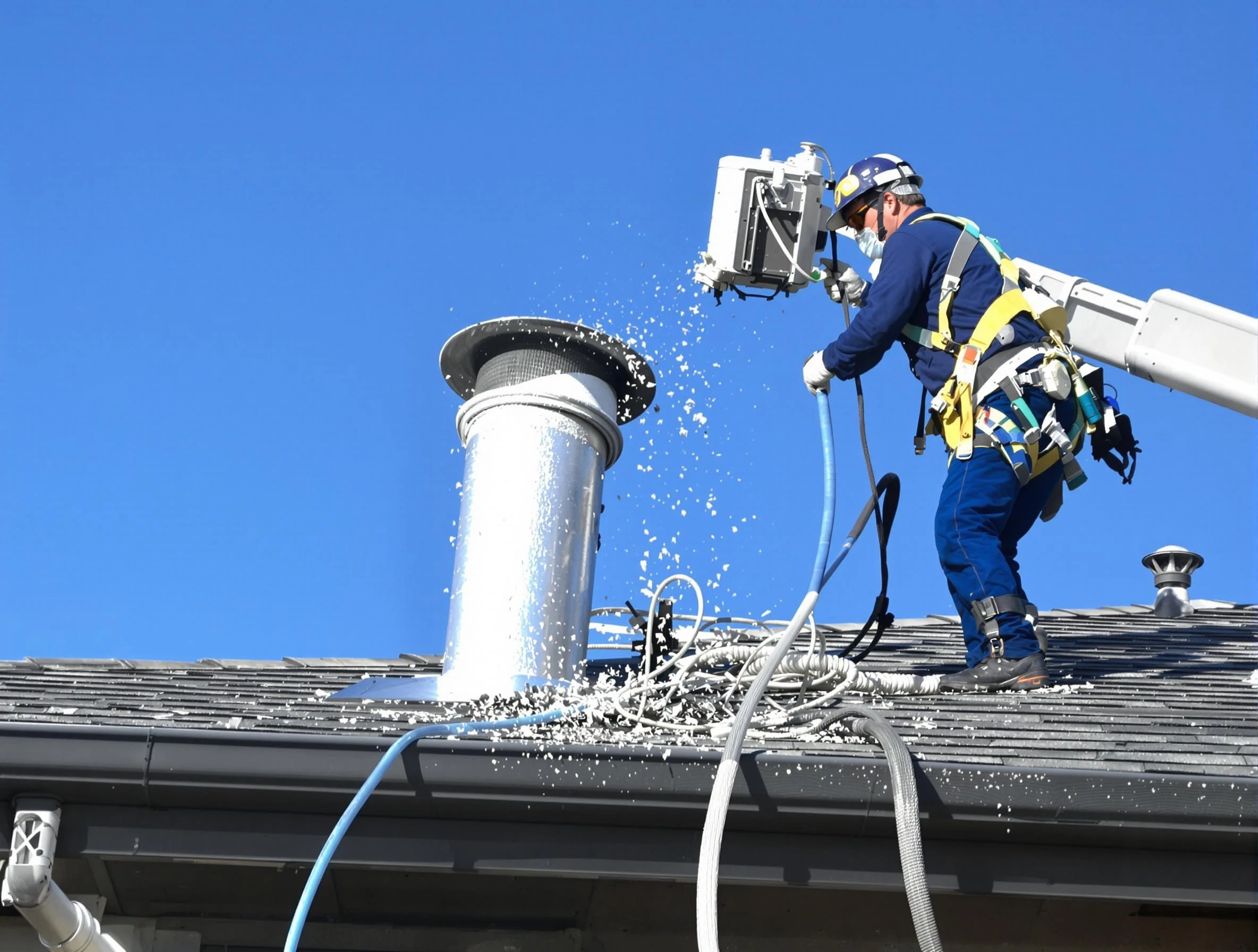 Midvale Dryer Vent Cleaning certified technician safely cleaning a roof-mounted dryer vent in Midvale